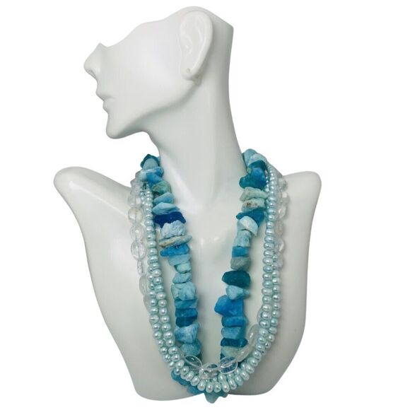 Blue Pearl Layered Necklace 16.5" 925 Sterling Silver Gemstone Trendy - Picture 3 of 11